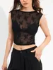 Women's T Shirts Women S Sexy Sheer Mesh Crop Top With Lace Patchwork And Open Back Tie-Up Design - Sleeveless Floral Tank For Summer