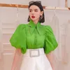 Dames Blouses Vintage Vrouwen Turn-Down Kraag Diamanten Chiffon Shirts Geplooide Halve Pofmouwen Strass Vest Crop Tops Blusas