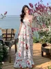 Casual Dresses Summer Floral Dress French Printed Beach Long Ladies Slim Chiffon Ruffles Layer Robe Vestidos