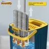 Mops Flat Squeeze Mop with Bucket 360 Rotating Hand Free Washing Floor Cleaning Mop Microfiber Pads Wet Dry Usage Home Tools Mopa 230629