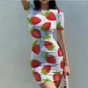 カジュアルドレス夏の女性用半袖の丸いネックスカートエレガントでフルーツ3D印刷ファッションパーティーラップヒップ
