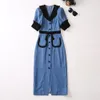 2023 Summer Blue Contrast Color Panel Panel Dress Kort ärm Lapel Neck Double Pockets Single-Breasted Casual Dresses A3L201537