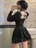 Vestido de dos piezas Negro Vintage Conjunto de falda de 3 piezas Mujeres Sexy Lolita Y2k Mini falda Traje Mujer Casual Moda coreana Conjunto retro de manga larga 230629
