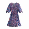 Sukienki imprezowe Happie Queens Kobiety kwiatowy nadruk koronkowy plażę bohemian mini sundress panie na guziki szyi letnie boho sukienka vestidos