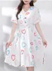 Party Dresses Women's Summer Korean High End Style V-neck Short Sleeve Button Print Pleated Love Fashion Big Swing Holiday Dress