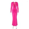 Casual Dresses Sexy Deep V-Neck Ruched Solid Maxi Dress Body-Shaping Long Sleeve Elegant Evening Party Vestido 2023 Summer Classic Prom Robe