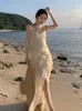 Casual Kleider Robe 2023 Schlinge Party Rüschen Urlaub Vintage Frauen Spaghetti Strap Strand Langes Kleid Sommer Schlitz Abend Boho Vestidos