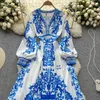 Casual Dresses Summer Autumn Runway Blue and White Porcelain Print Long Vintage Women's V Neck Flower Lantern Sleeve Holiday Robe