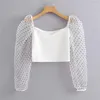 Blusas Femininas Branco Transparente Polka Dot Mesh Patchwork Feminino Manga Longa Crop Top Chemisier Femme Fashion Blusa Curta Túnica Camisa