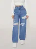 Jeans femme Denimcolab 2023 mode déchiré taille haute couleur bleu trous pantalon droit dames Streetwear pantalon Denim ample