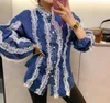 Camicette da donna Camicetta di jeans in pizzo patchwork da donna primavera Camicie a maniche lunghe a lanterna blu allentate da donna eleganti Top Blusas coreani da donna