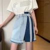 Spódnice deeotown koreańskie dżinsowe spódnica kontrast Kolor Women talle A-Line Podzielona patchwork Nieregularny mini mody streetwear