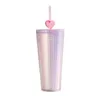 Waterflessen INS Love Cup Gradiënt Diamant Dubbellaags Laser Stro Hoge Capaciteit Plastic Paar Drinken Geschenkfles