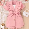 Kleidung Sets Sommer Mädchen Anzug Strap Solide Farbe Kurzarm Revers Jacke Shorts 3 stücke Mädchen Outfits Koreanische Kinder Kinder 230630