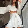 Two Piece Dress White Elegant Satin 2 Set Women Lantern Long Sleeves Crop Tops Cardigan Sexy High Waist Mini Tennis Sports Skirts 230629