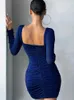 Women's Two Piece Pants Elegant Fashion Women Ruched Bodycon Mini Dress Sexy Square Collar Long Sleeve Cocktail Dresses Midnight