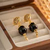 Boucles d'oreilles pendantes Minar Creative couleur noire Agate pierre naturelle longue goutte pour les femmes 18K véritable plaqué or laiton creux tricoté boucle d'oreille