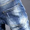 Jeans Masculino Moda Moderna Masculina Retro Azul Liso Lavado Elástico Ajuste Justo Rasgado Emenda Calça Denim Pintada Hip Hop Denim 230629