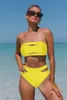 Kadın Mayoları Popvil Solid Bandeau Cut Out Yüksek Bel Siyah Bikini Seti(5 Renk) Oymalı Tatil Straplez Sıska İki Parçalı Kadın Mayolar