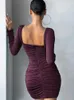 Women's Two Piece Pants Elegant Fashion Women Ruched Bodycon Mini Dress Sexy Square Collar Long Sleeve Cocktail Dresses Midnight