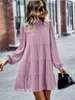 Casual Dresses Hush Puppies Women Elegant Solid Loose Mini Dress Fashion Round Neck Lantern Sleeve Ruffles Lace Up Party Female