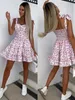 Podstawowe sukienki swobodne 2023 Summer Modna Krótka boho Dres Mini kwiatowy nadruk żeński bez rękawów pasek z nadrukiem złożony talia 230629