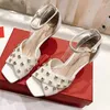 Sandaler Black High Heel Women Square Toe Crystal Ankle Strap Quality äkta läder Summer Female Party Dress Sexig Sandal