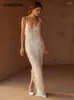 Abiti casual Elegante nappa con scollo a V Backless Split White Dress Sexy senza maniche Vintage Long Sling Bodycorn Women Prom Night Club Vestidos