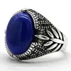 Klusterringar svarta män ring 925 sterling silver oval naturlig lapis lazuliblack cz vintage design för manliga kvinnor antika smycken