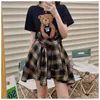 Zweiteiliges Kleid Sommer Damen Rock und Top Set Bär Cartoon Schwarz Kurzarm T-Shirt Plaid Rock Anzug Mode Lose Ästhetik 230629