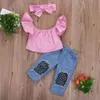 Dancewear 3 pezzi vestiti per neonata rosa top con spalle scoperte pantaloni in denim strappati jeans fascia per bambini abiti estivi 230928