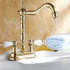 Banyo Lavabo muslukları cilalı altın pirinç güverte monte çift çapraz tutamaklar 4 "Orta delik iki delikli musluk döner mikser musluklar mnf262