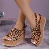 Sandálias verão senhoras moda plataforma cunha romana sexy leopardo impressão sapatos femininos dedo do pé aberto boca de peixe salto alto