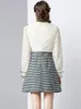 Basic Casual Dresses New Fashion Lace Hollow Out Patchwork Tweed Dress Women's Luxury Beaded Small Fragrant Woolen Dress Female Clothing 2024