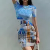 Vestidos casuais azul casa 3d impresso vestido moda confortável verão de manga curta estilo de férias de praia