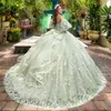 Robe Quinceanera en Tulle vert sauge brillant, avec des appliques de perles en cœur, robe de bal en dentelle, robe douce seize