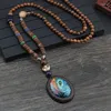 Choker Ethnic Style Retro Long Wooden Sweater Chain Bodhi Pendant Wood Bead Necklace Men's And Women's Cotton Linen Accessories