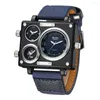 Relógios de pulso Oulm Design Criativo Homens Assista Relógios Esportivos Únicos 3 Fusos Horários Quartz Canvas Strap Militar