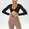 Actieve shirts Gym Crop Tops met lange mouwen voor dames Twist Deep V Workout T-shirt Top Sneldrogend gewatteerd Sport Fitness Yoga