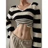 Dames Truien Y2k Kpop Gestreepte Crop Sweater Dames Hippie Vintage Coquette Slanke Gebreide Top Harajuku Grunge Korset Lange Mouw Jumper