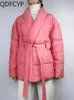 Piel para mujer Faux Otoño Invierno Abrigo Sweet High Street Pink Laceup Abrigos de algodón Elegante Suelto Espesado Cálido Parkas versátiles 230928