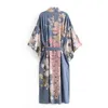 Damesjassen 2023 Lente Zomer Bohémien V-hals Pauw Bloemenprint Lange Kimono Shirt Etnisch Vetersluiting Sjerpen Vest Losse Blouse