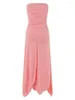 Casual Dresses Pink Sleeveless Off Shoulder Sexy Split Midi Outfits For Women Club Party Elegant Drawstring Ruched Long Vestido