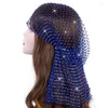 Berretti Sciarpa con testa di cristallo glitterata Avvolgere strass di lusso da donna Discoteca Cappello a rete Maglia scavata Turbante Accessorio per capelli