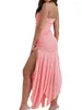 Vestidos casuales Rosa sin mangas fuera del hombro Sexy Split Midi Trajes para mujeres Club Fiesta Elegante Cordón Fruncido Vestido largo