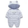 Vestes 2023 hiver automne enfant en bas âge garçons combinaison Double fermeture éclair dessin animé épais barboteuse rayé à capuche poche chaude infantile Snowsuit