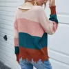 Women's Sweaters 2023 Autumn And Winter V-neck Striped Contrast Sweater Long-sleeved Open Back Pullover