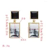 Dangle Earrings Vintage Chinese Landscape Square Acrylic Drop Earring For Women Wedding Fashion Jewelry Elegant Geometric Bijuox