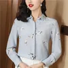 Camisas casuais para mulheres vintage cetim manga longa gráfico botão acima blusas de grife 2023 primavera outono moda escritório senhoras elegante e juventude impresso lapela topo