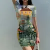 Casual Dresses Summer Ladies Slim Dress House Garden 3D Printed Lady Målningsstil Trend Fashion